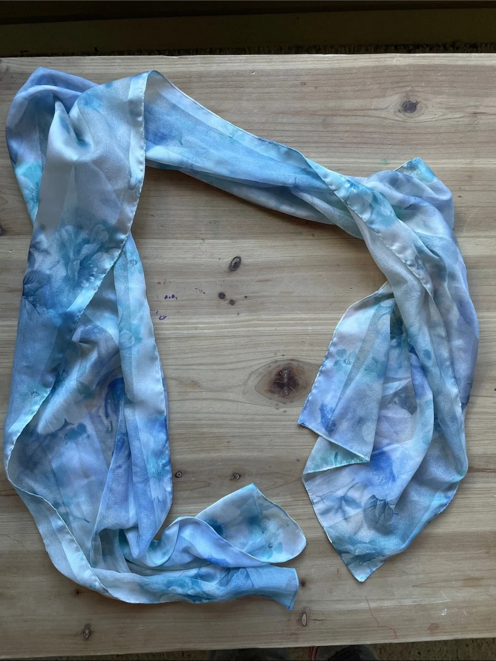 Lightweight Floral Silk Scarf in Blue & White